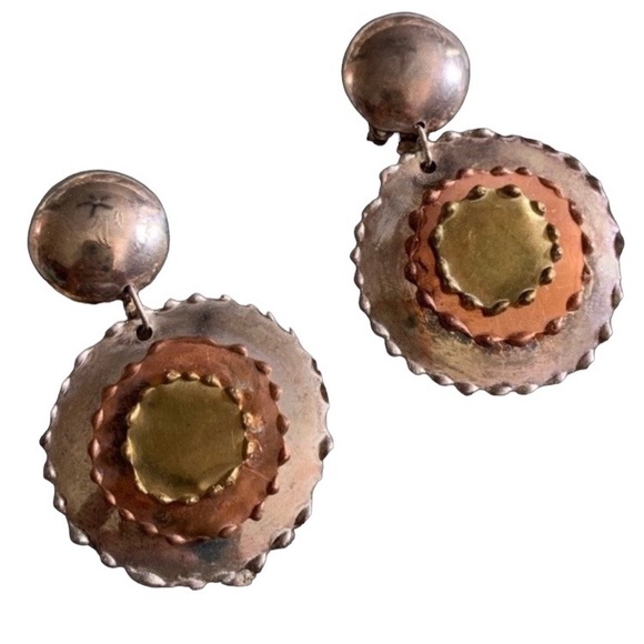 Vintage Estate Three Tone Metal Clip On Dangle Earrings Jewelry Silver Copper - Picture 2 of 6